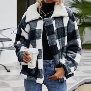blue white plaid collar pocket fall teddy coat